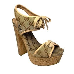 Gucci GG Logo Canvas Platform Sandal EU 36.5 US 6.5 Beige Slingback High Heel